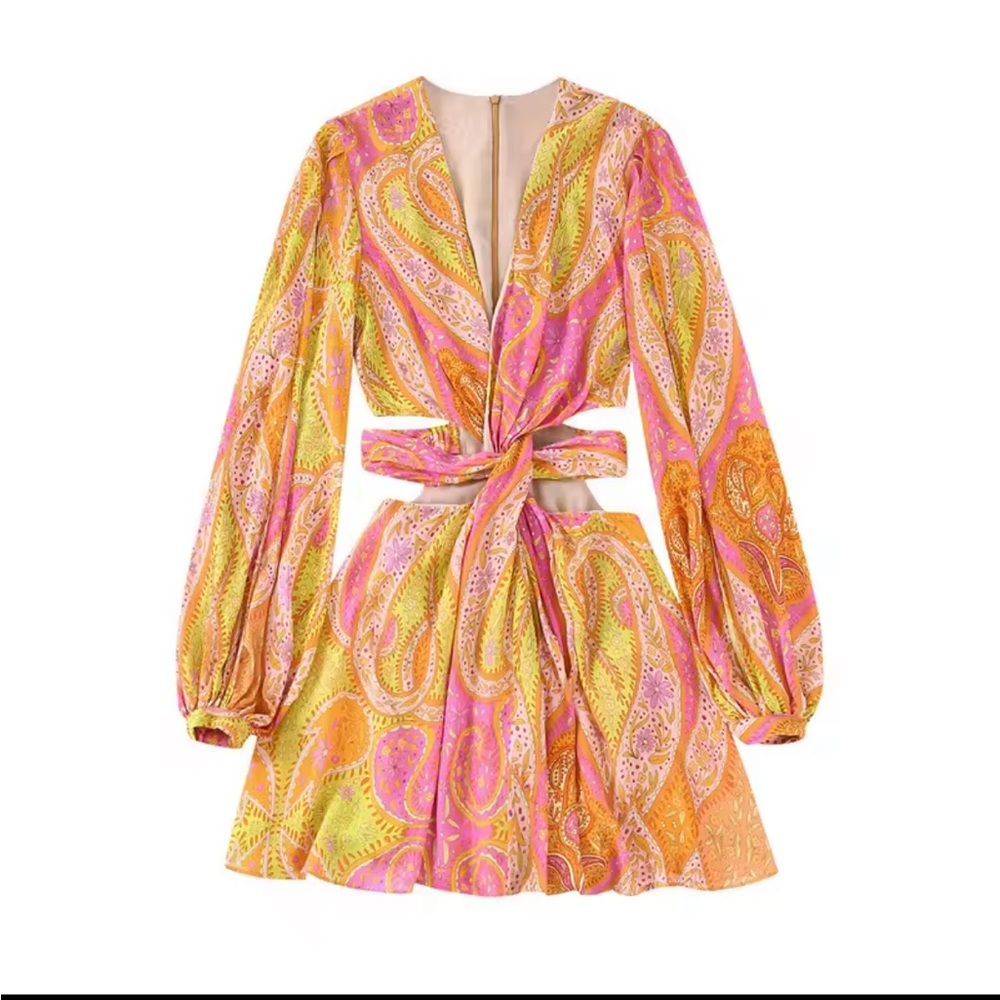 Zara Pink and Yellow Paisley Mini Dress